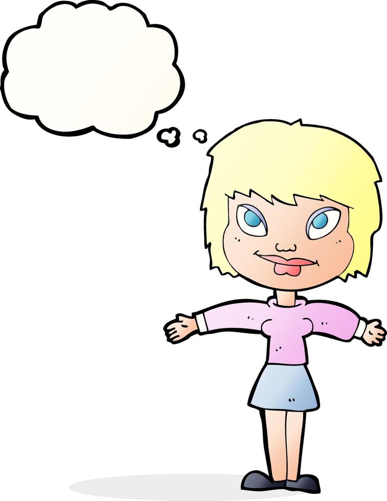cartone animato donna con Aperto amrs con pensato bolla vettore