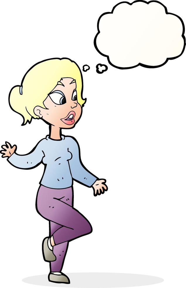 cartone animato amichevole donna agitando con pensato bolla vettore