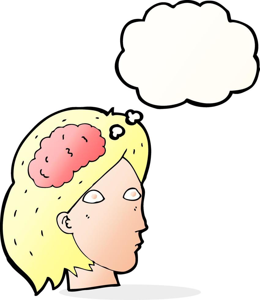 cartone animato femmina testa con cervello simbolo con pensato bolla vettore