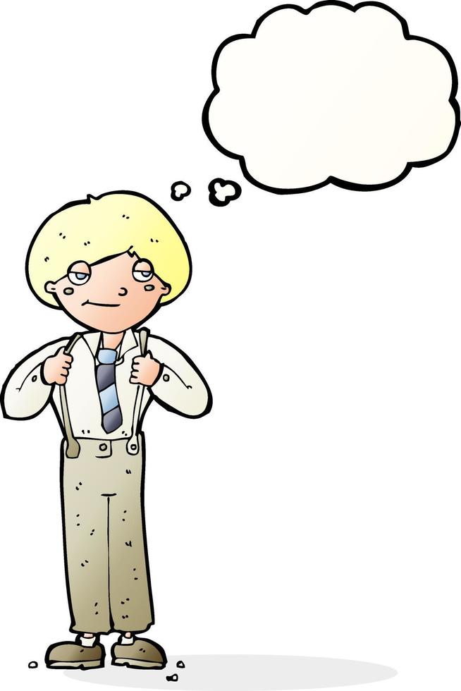 cartone animato uomo indossare bretelle con pensato bolla vettore