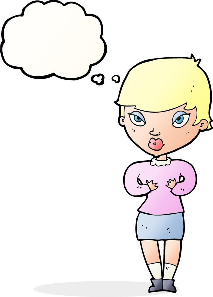 cartone animato donna Esprimere a gesti a se stesso con pensato bolla vettore
