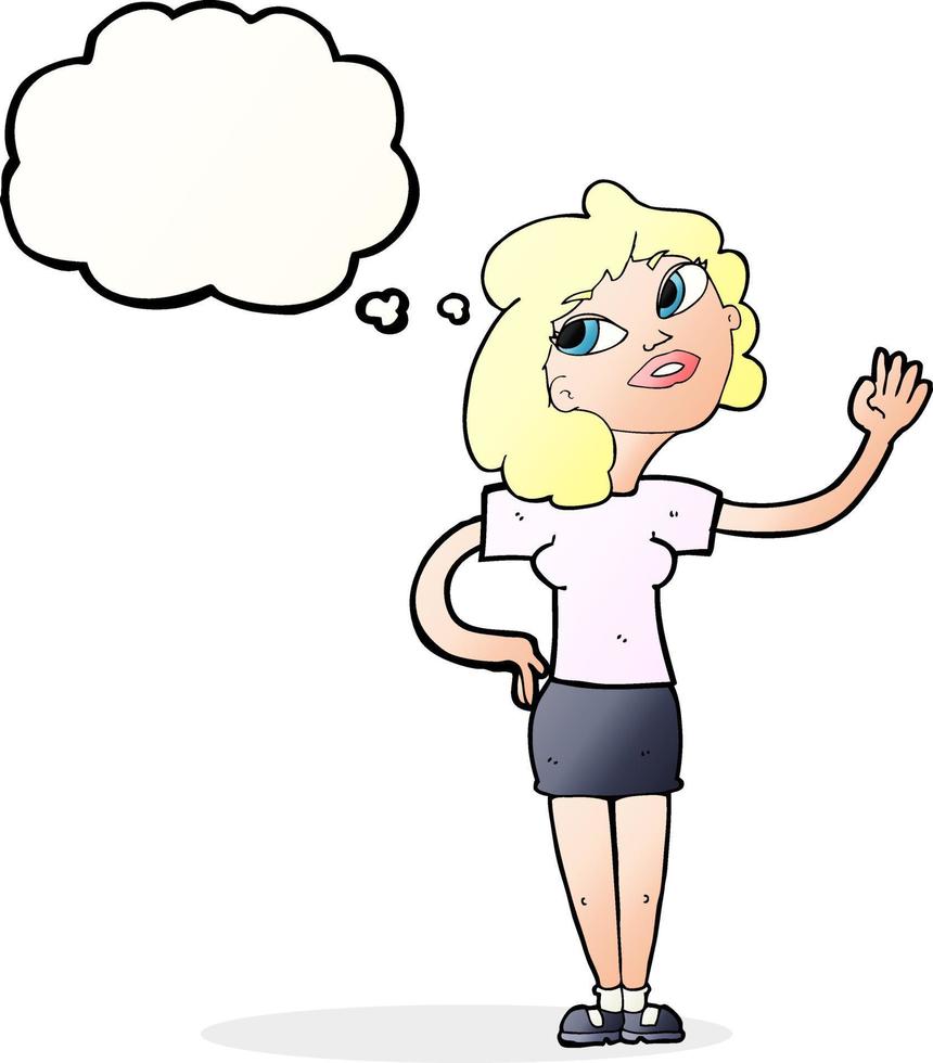 cartone animato donna agitando con pensato bolla vettore