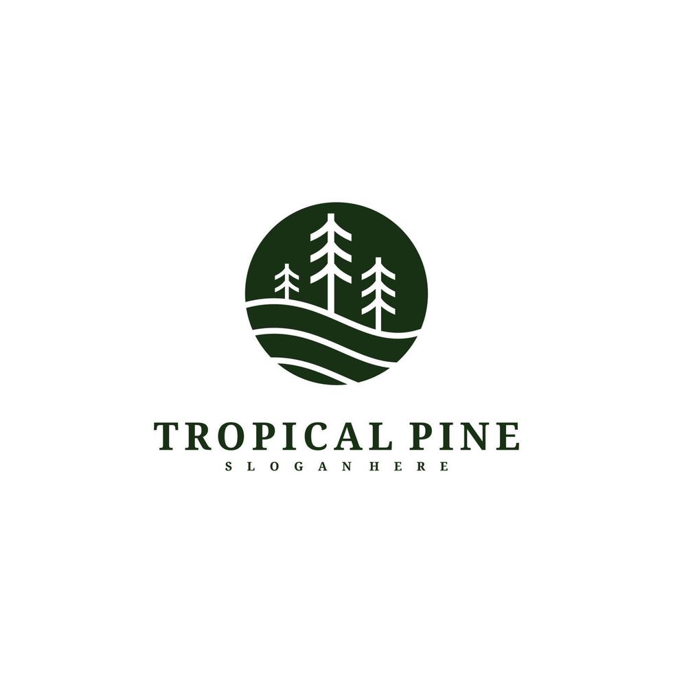 modello vettoriale di progettazione del logo dell'albero di pino, illustrazione dei concetti del logo della foresta tropicale.