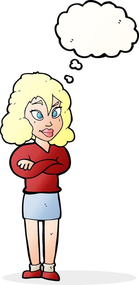 cartone animato donna con attraversato braccia con pensato bolla vettore