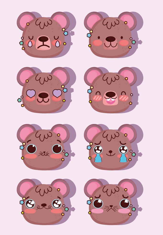 confezione di facce emoji kawaii orso bruno vettore