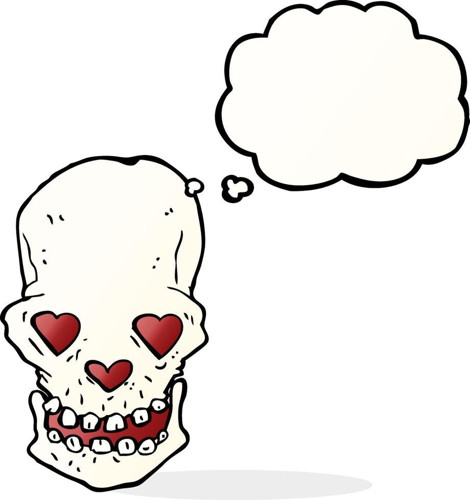 cartone animato cranio con amore cuore occhi con pensato bolla vettore