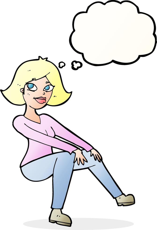 cartone animato donna felice seduta con pensato bolla vettore