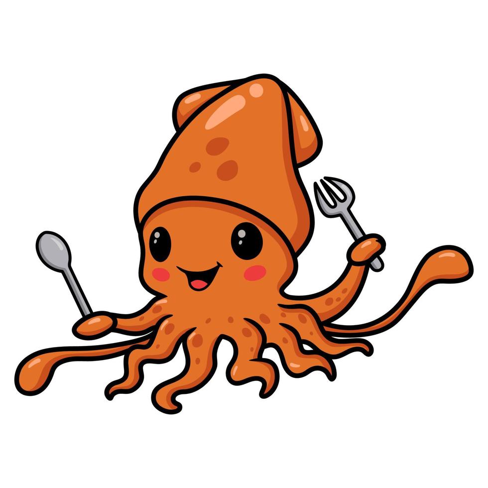 carino poco calamaro cartone animato Tenere forchetta e cucchiaio vettore