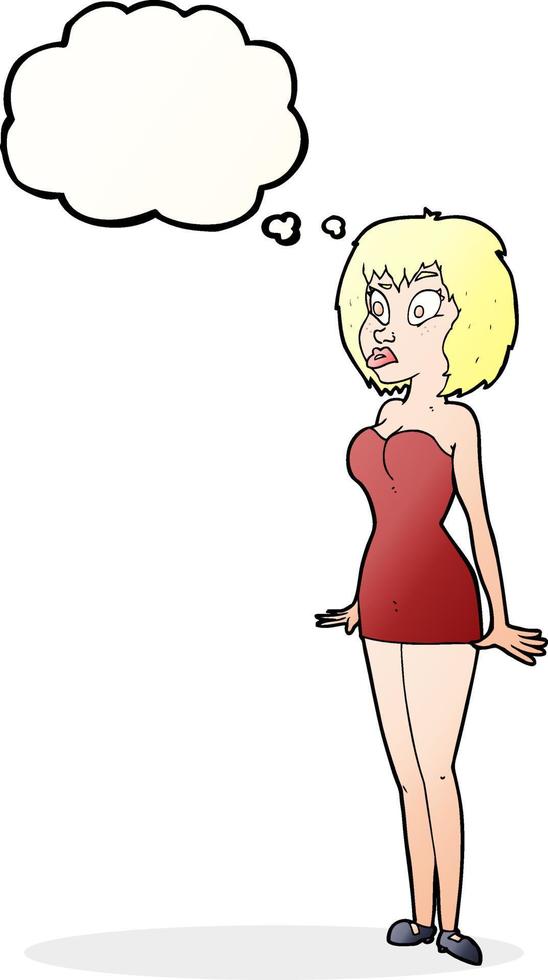 cartone animato sorpreso donna nel corto vestito con pensato bolla vettore