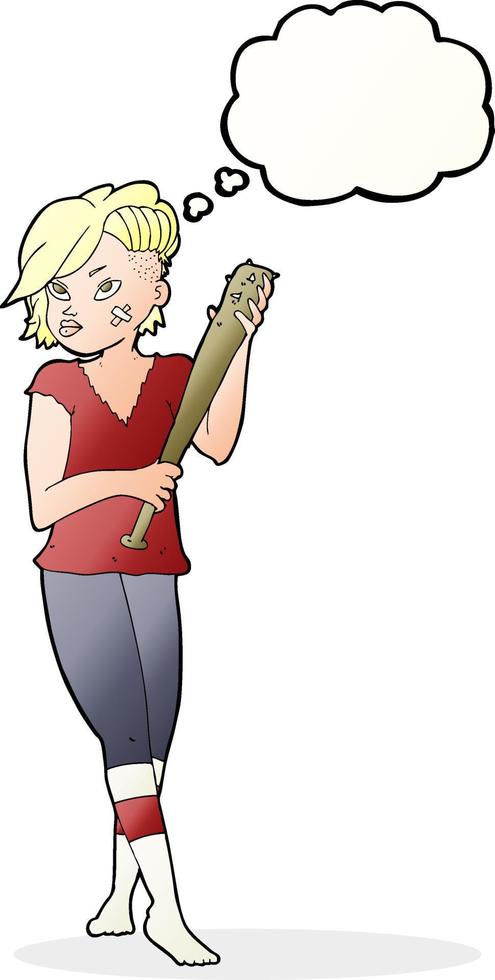 cartone animato bella punk ragazza con baseball pipistrello con pensato bolla vettore