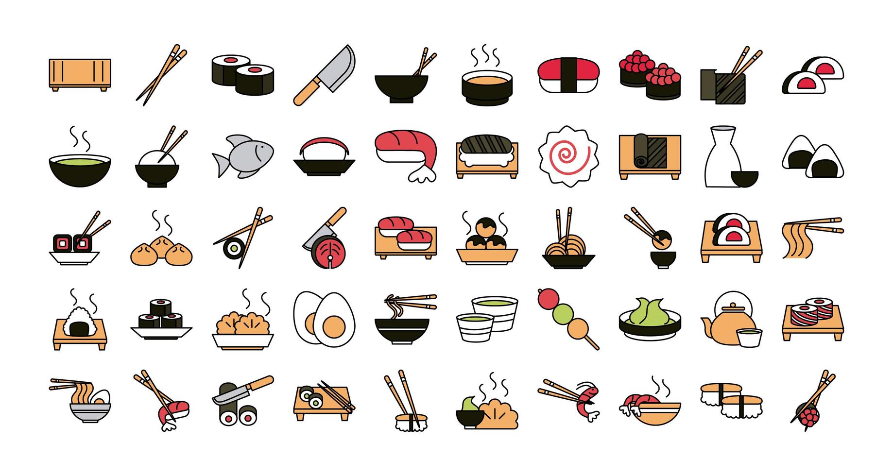 set di icone di cibo orientale sushi vettore