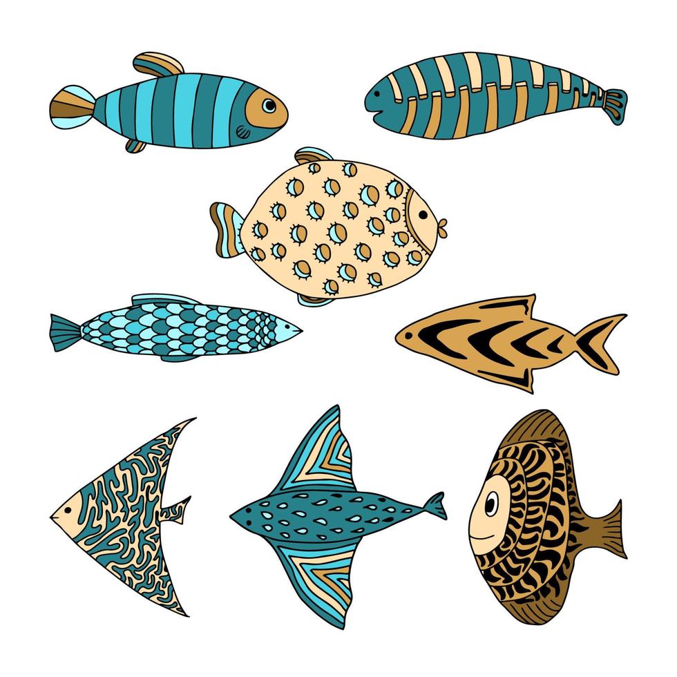 stilizzato pesce. impostato di astratto decorato pesce, scarabocchio. collezione subacqueo animali creature vettore