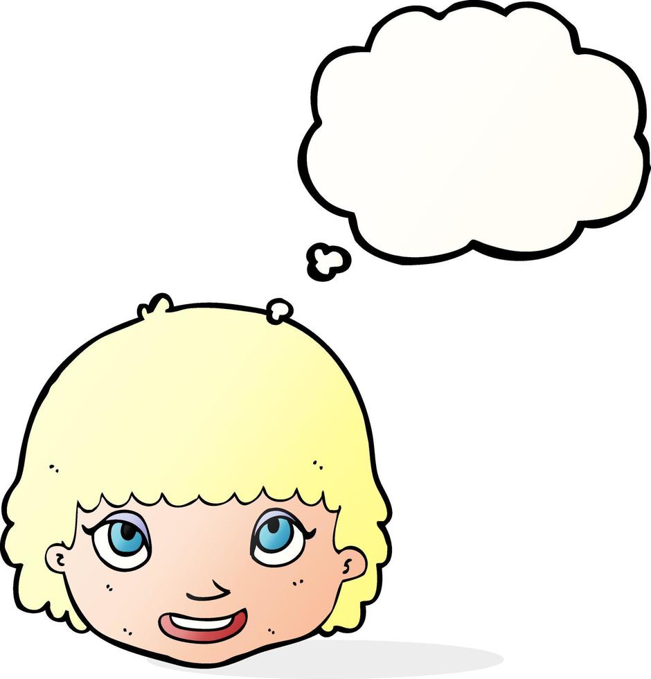 cartone animato contento femmina viso con pensato bolla vettore