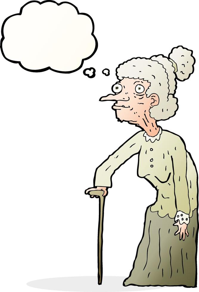 cartone animato vecchio donna con pensato bolla vettore