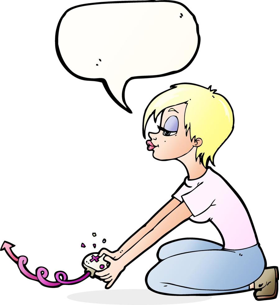 cartone animato ragazza giocando computer Giochi con discorso bolla vettore