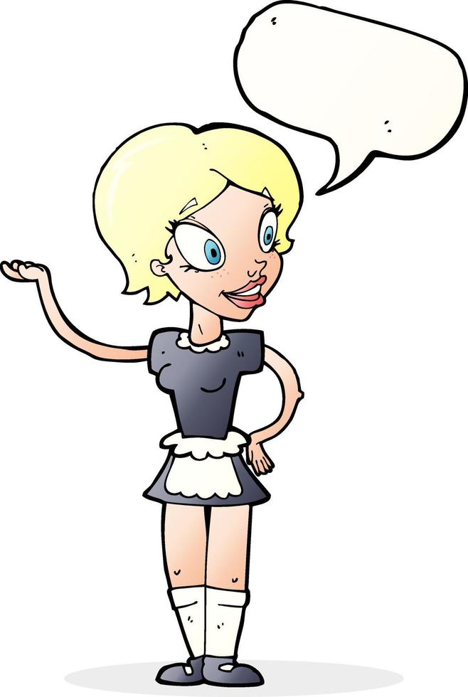 cartone animato donna nel domestica costume con discorso bolla vettore
