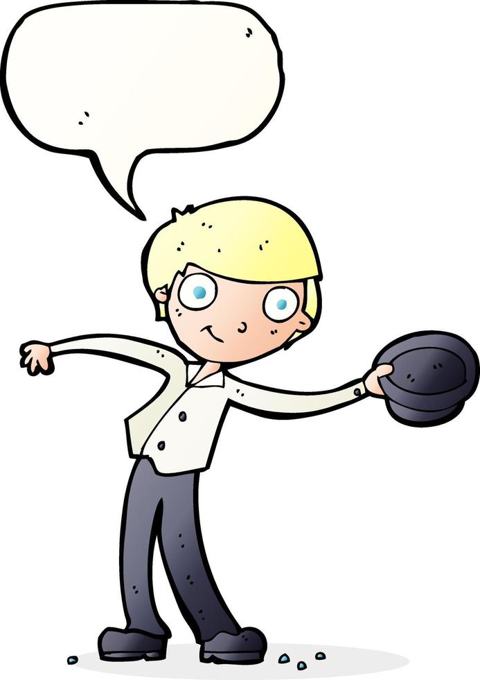 cartone animato uomo ribaltamento cappello con discorso bolla vettore