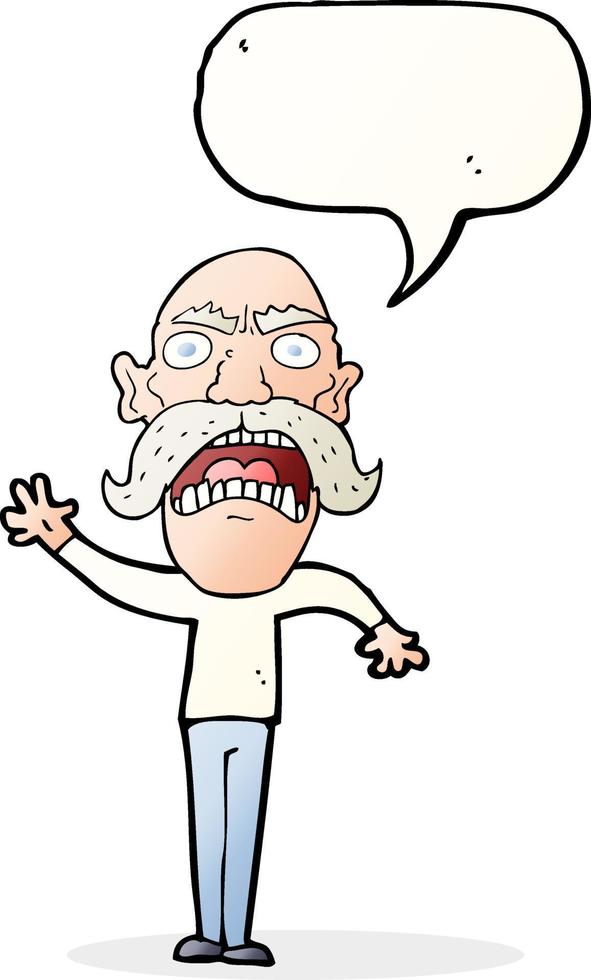 cartone animato arrabbiato vecchio uomo con discorso bolla vettore
