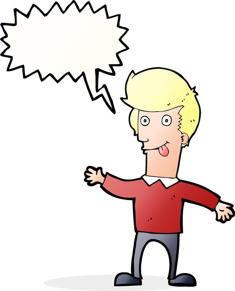 cartone animato uomo attaccare su lingua con discorso bolla vettore