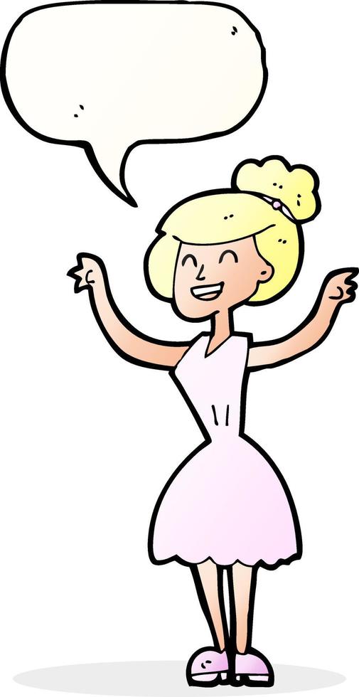 cartone animato donna con sollevato braccia con discorso bolla vettore