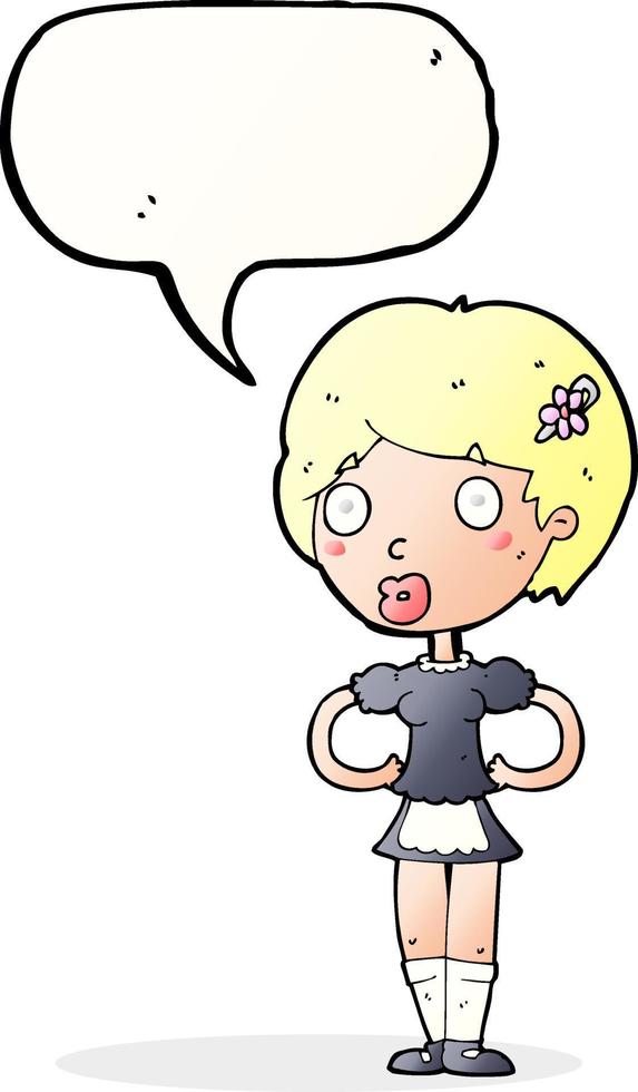 cartone animato donna nel francese domestica attrezzatura con discorso bolla vettore