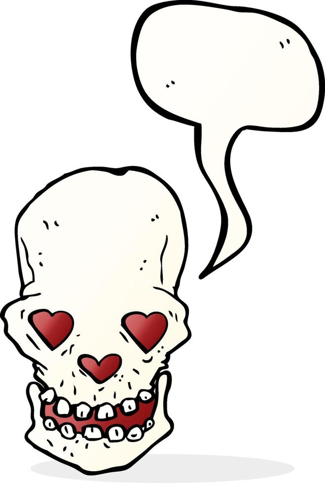 cartone animato cranio con amore cuore occhi con discorso bolla vettore