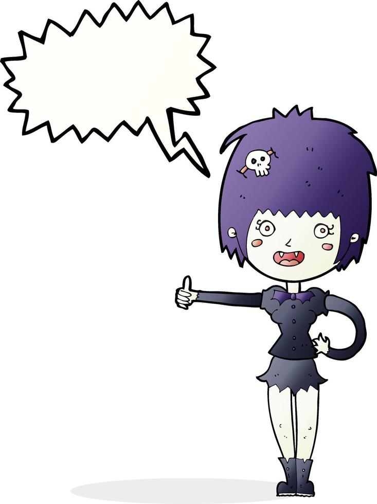 cartone animato vampiro ragazza dando pollici su cartello con discorso bolla vettore