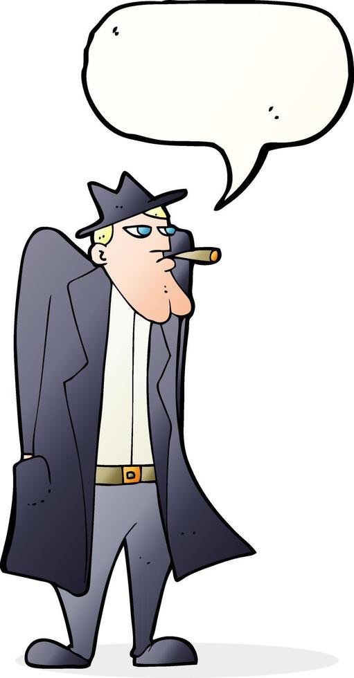 cartone animato uomo nel cappello e trincea cappotto con discorso bolla vettore