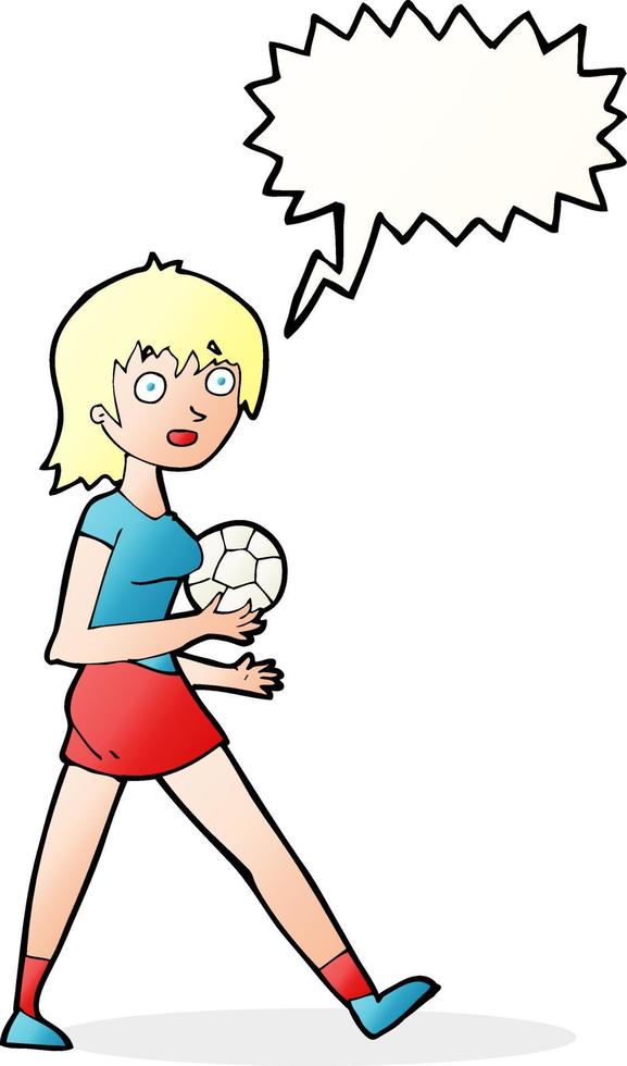 cartone animato calcio ragazza con discorso bolla vettore