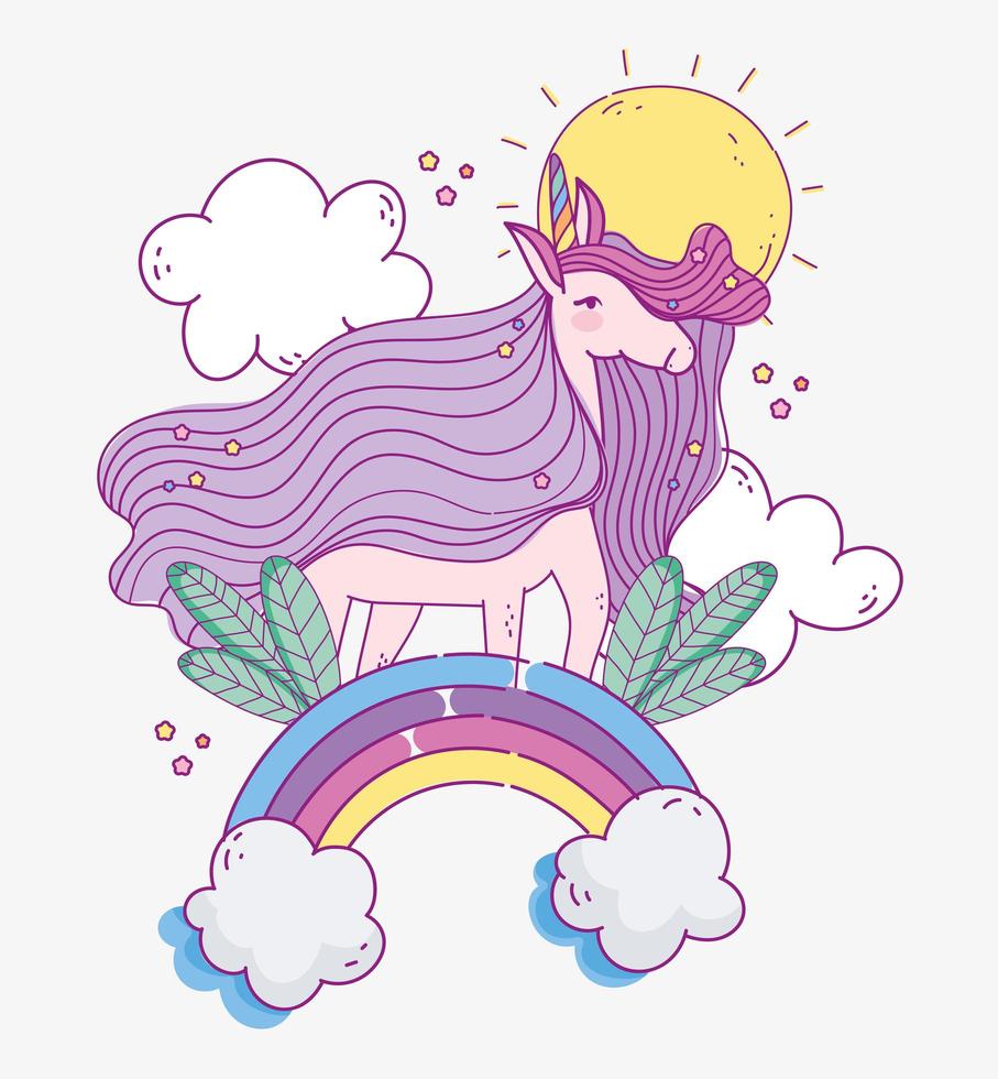 unicorno magico carino su arcobaleno vettore