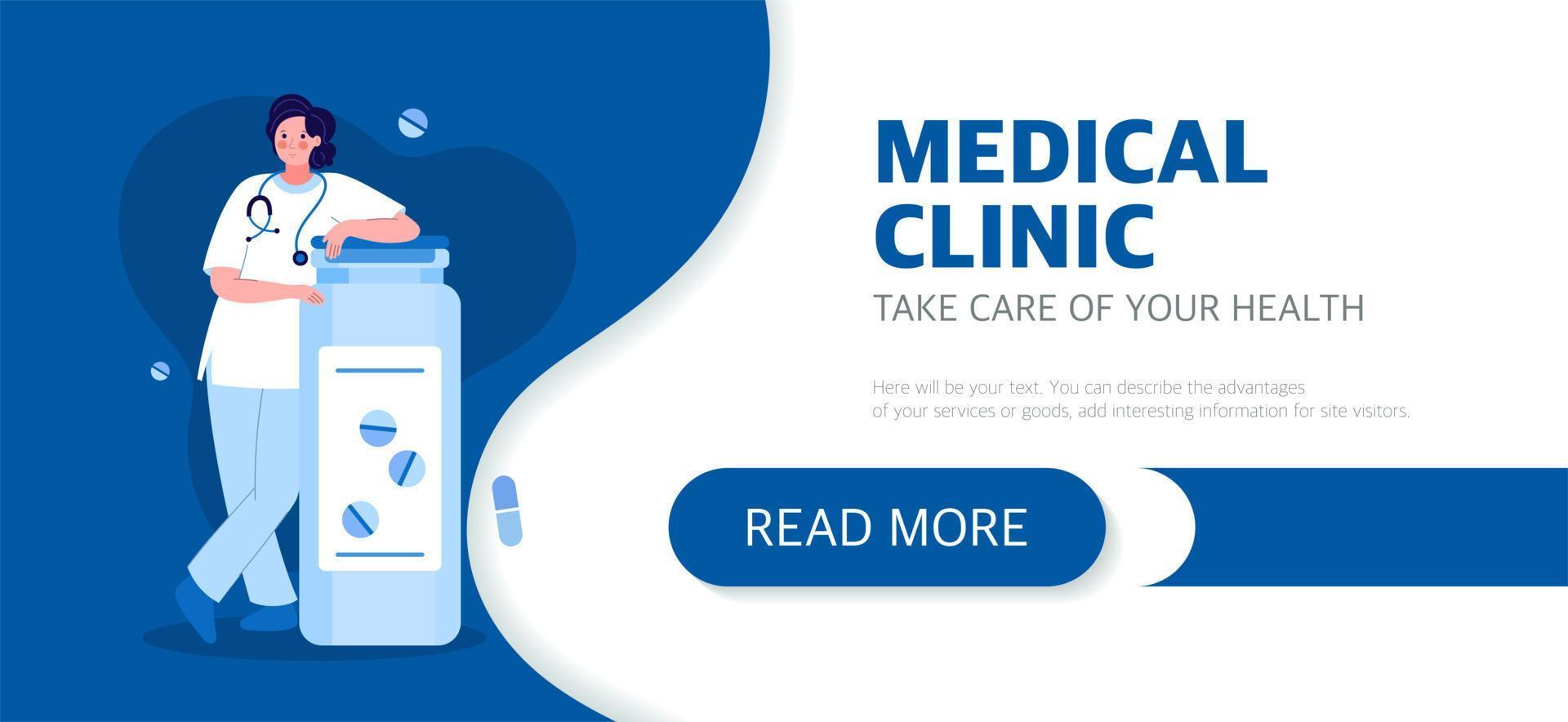 il atterraggio pagina di il medico clinica sito web è un' femmina medico lavoratore.il concetto di medicina e Salute. vettore illustrazione nel un' piatto stile su un' blu sfondo