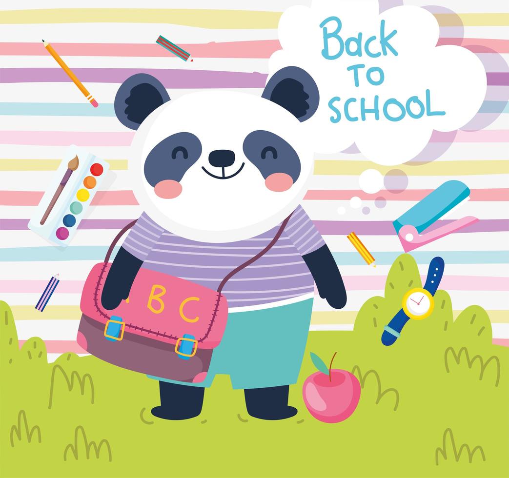 ritorno a scuola carino panda con borsa mela orologio color educazione vettore