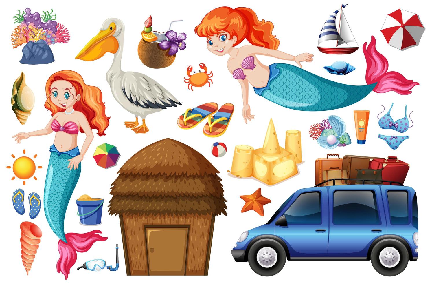 set di icone e personaggi di sirena e vacanze estive vettore