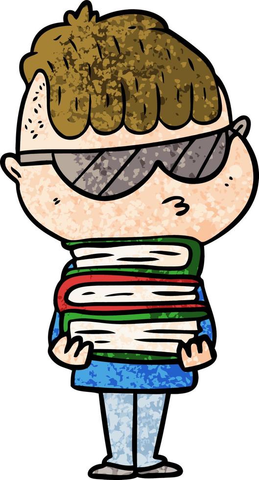 cartone animato ragazzo indossare occhiali da sole con pila di libri vettore
