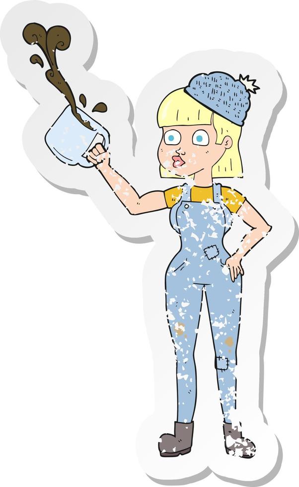 retrò afflitto etichetta di un' cartone animato femmina lavoratore con caffè boccale vettore