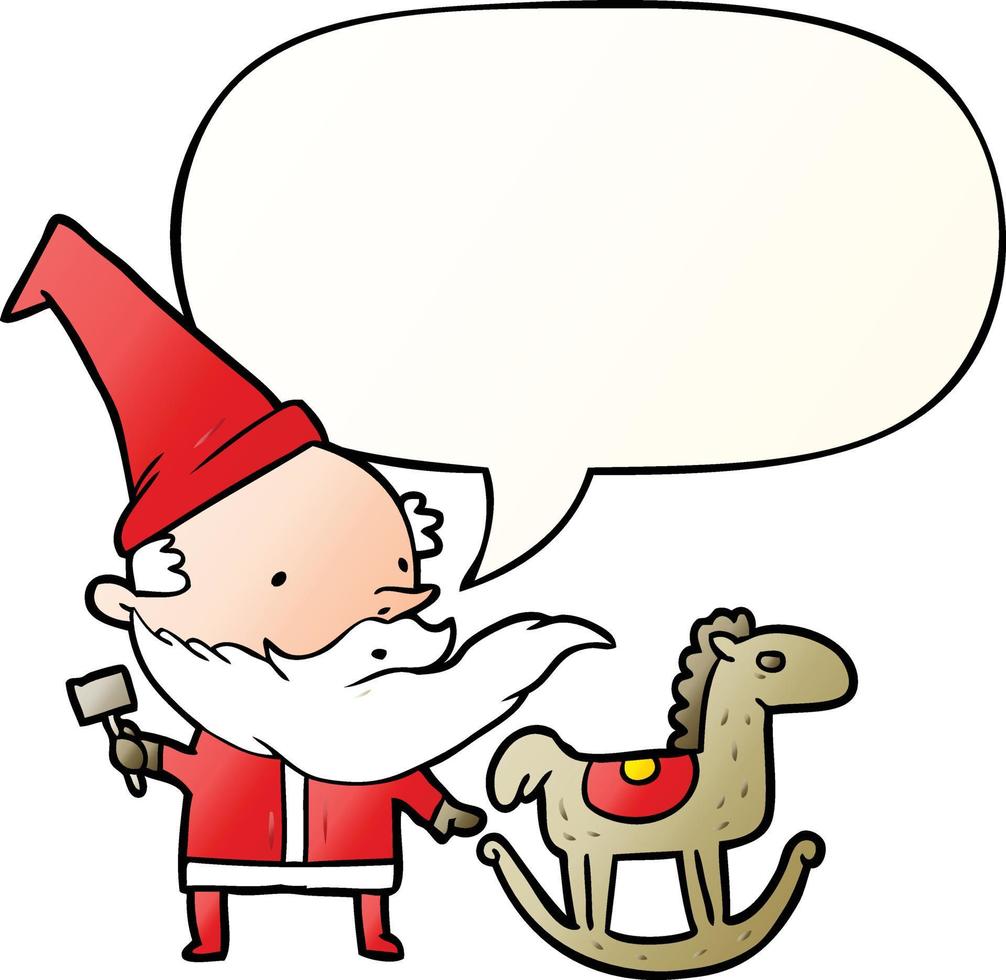 cartone animato Santa o elfo fabbricazione un' a dondolo cavallo e discorso bolla nel liscio pendenza stile vettore