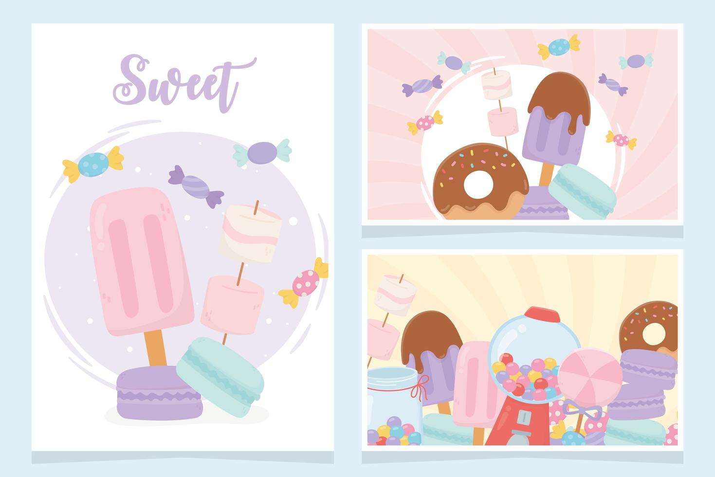 set di carte di snack dolci, caramelle e dessert vettore