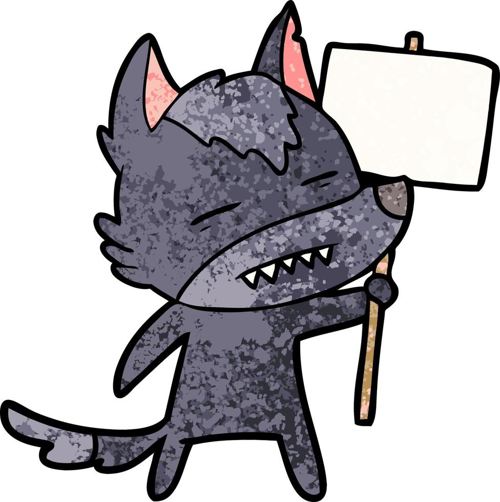 cartone animato lupo con cartello inviare mostrando denti vettore