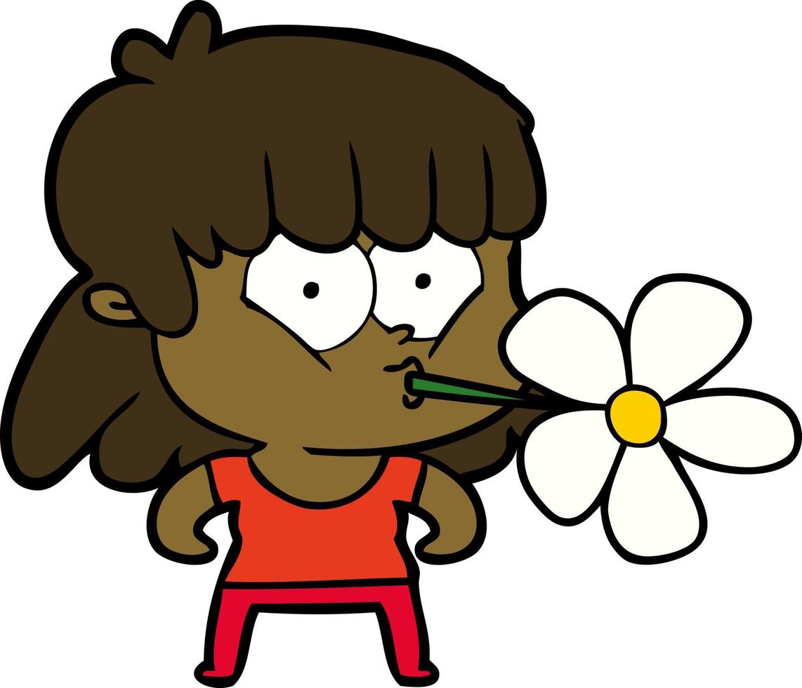 cartone animato ragazza con fiore nel bocca vettore