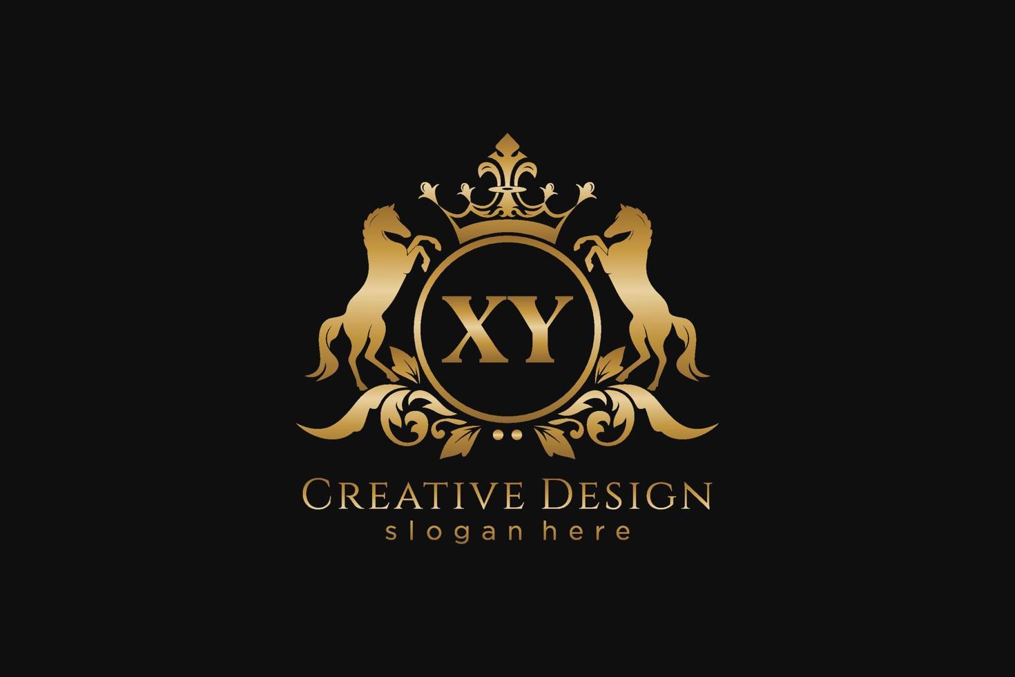 iniziale xy retrò d'oro cresta con cerchio e Due cavalli, distintivo modello con pergamene e reale corona - Perfetto per lussuoso il branding progetti vettore