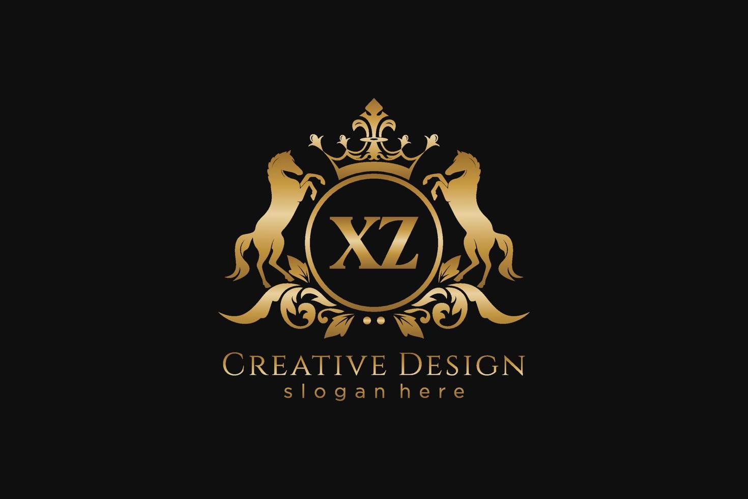 iniziale xz retrò d'oro cresta con cerchio e Due cavalli, distintivo modello con pergamene e reale corona - Perfetto per lussuoso il branding progetti vettore