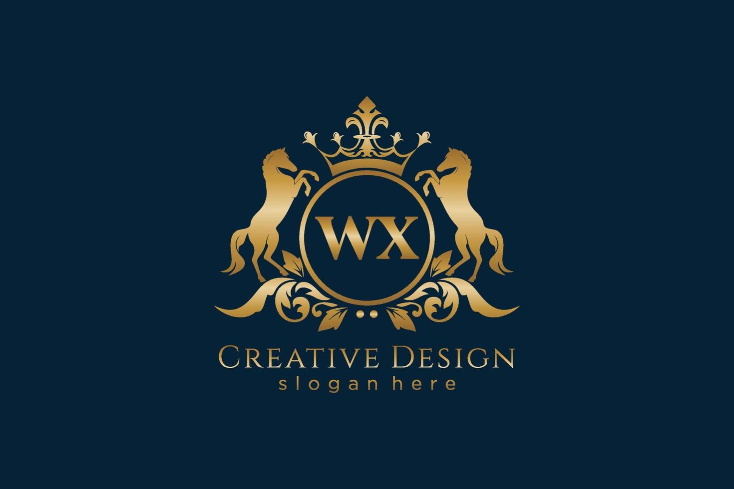 iniziale wx retrò d'oro cresta con cerchio e Due cavalli, distintivo modello con pergamene e reale corona - Perfetto per lussuoso il branding progetti vettore