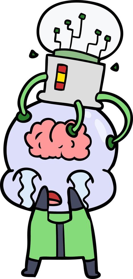 cartone animato grande cervello alieno pianto con cervello interfaccia vettore