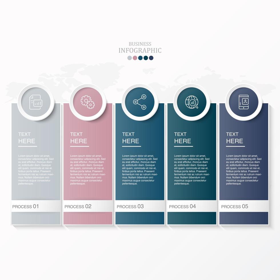 rettangolo e icone in cerchio infografica con 5 passaggi vettore