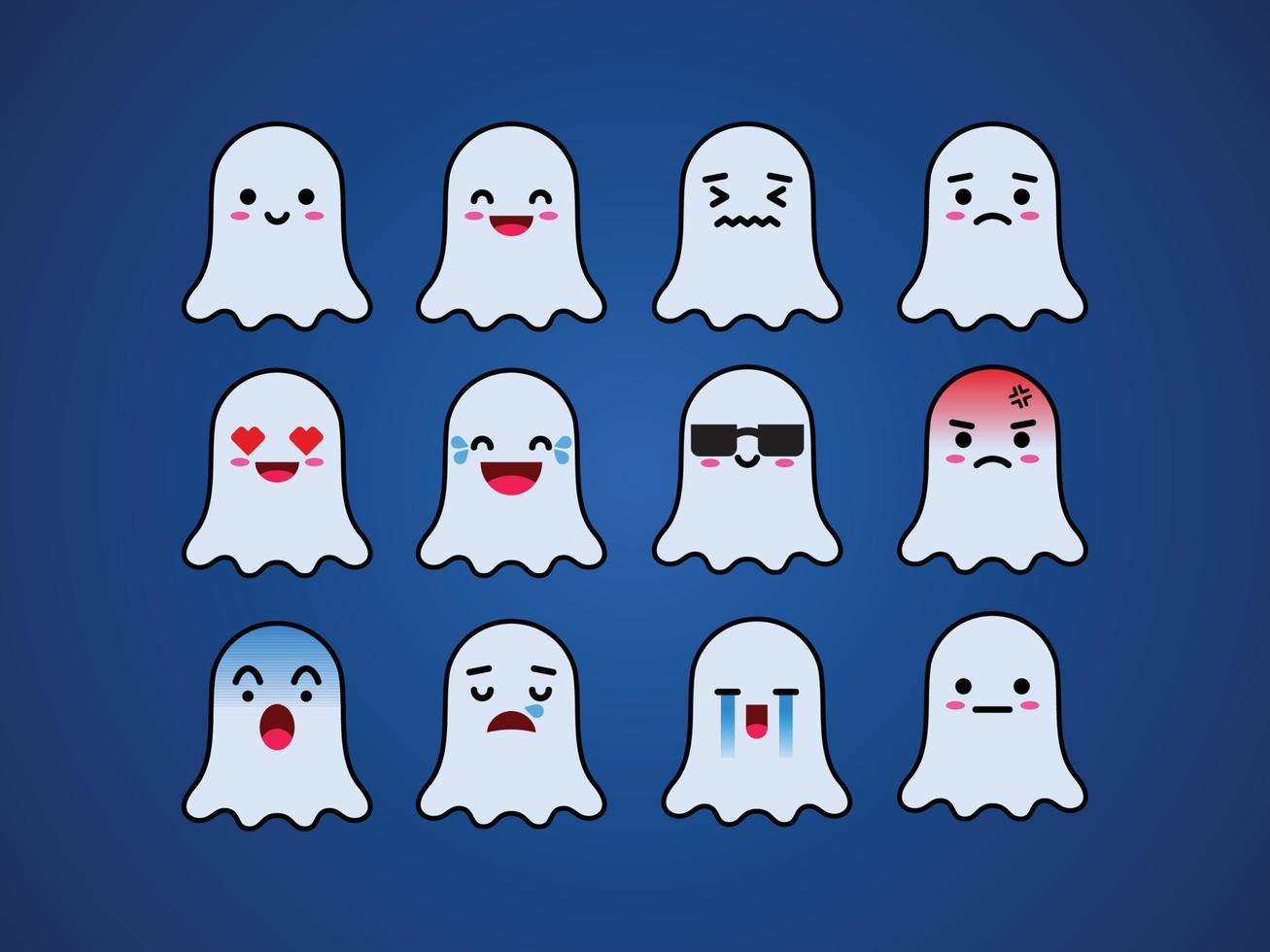 collezione di carino kawaii fantasma emoji cartone animato vettore illustrazione Halloween adesivi
