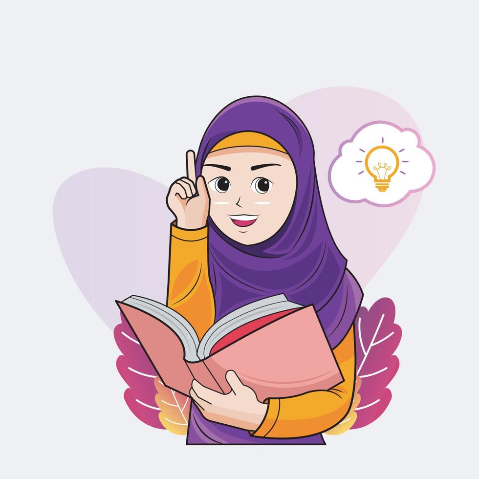 hijab poco ragazza lettura interessante libro vettore illustrazione gratuito Scarica