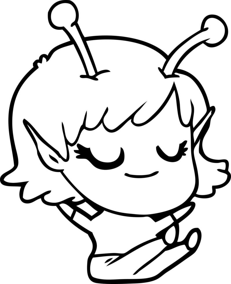 sorridente alieno ragazza cartone animato seduta vettore