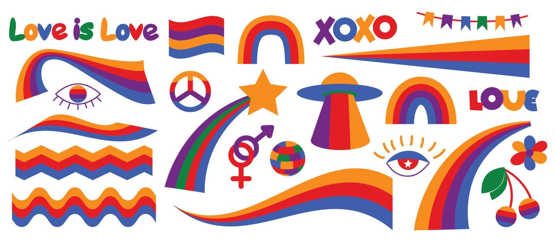 set di elementi psichedelici arcobaleno cool retrò hipster. una raccolta di clipart groovy iridescenti degli anni '70. disegno astratto di adesivi dei cartoni animati. illustrazione vettoriale di tendenza