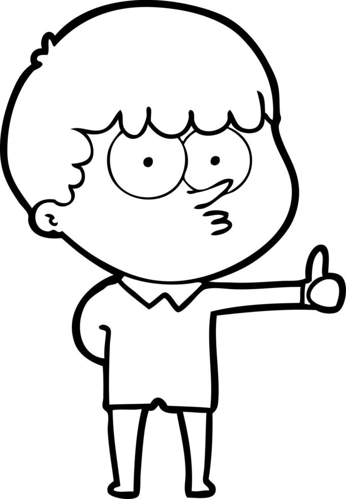 cartone animato curioso ragazzo dando pollici su cartello vettore