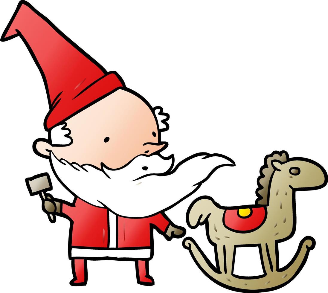 cartone animato Santa o elfo fabbricazione un' a dondolo cavallo vettore